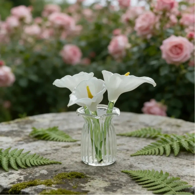 Decoration Hand Blown Glass Flower Figurines Collectible Ornaments with Vase 4 pack