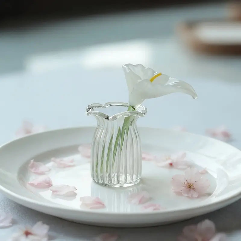 Decoration Hand Blown Glass Flower Figurines Collectible Ornaments with Vase 2 pack